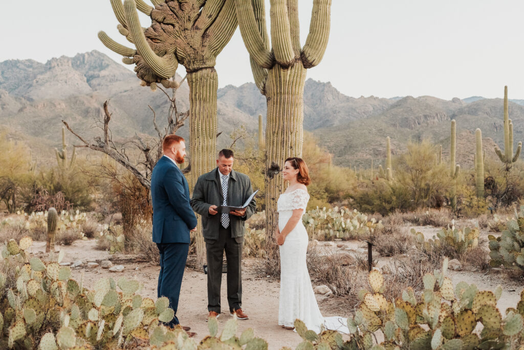 Sunrise elopement ceremony Sabino Canyon Arizona with saguaro cacti