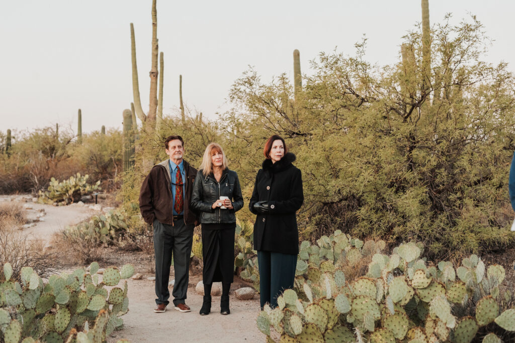 Sunrise elopement Sabino Canyon Arizona with towering saguaro cacti