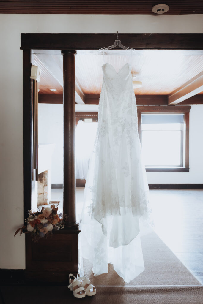 brides dress hanging inside the historic faraway ranch at chiricahua national monument in arizona