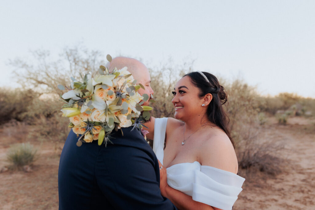 bride and florals at Elegant desert wedding in willcox arizona