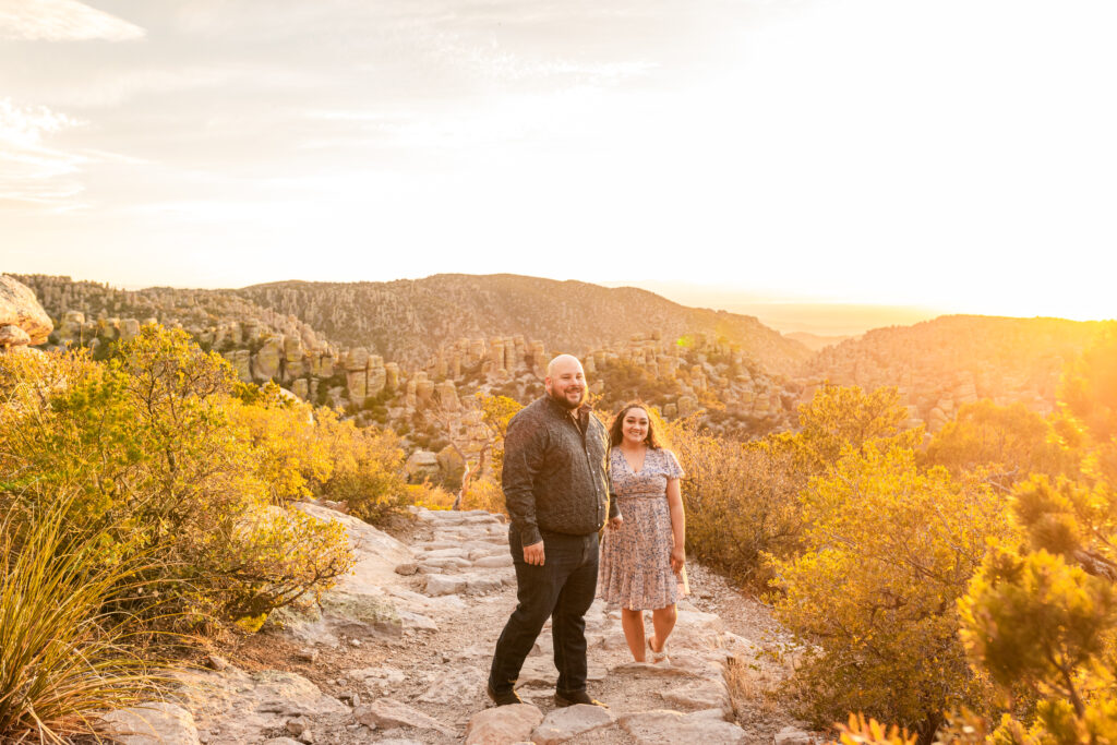 Engagement photos in Chiricahua Mountains Willcox Arizona with dramatic sky